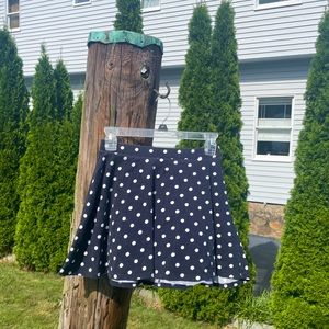 navy blue and white dot patterned skirt